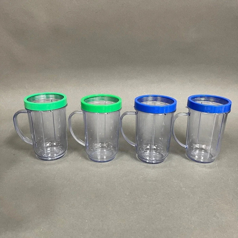 Magic Bullet Cups Party‎ Mugs with Green Blue Comfort Lip Rings Lot of 4